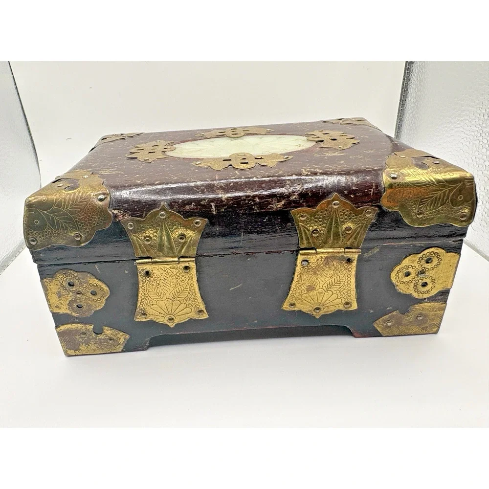 Vintage Chinese Jewelry Box Rosewood Jade Brass Fish Floral Details 6.5”x4”x3”